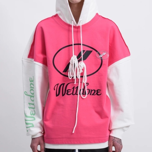We11done Two Tone Pink Remake Logo Hoodie Welldone - Picture 1 of 11